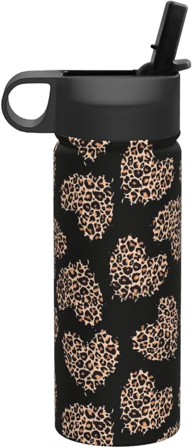 ハート ヒョウ柄 水筒 スポーツボトル 魔法瓶 ステンレス 断熱ポット 保温保冷 500ml 直飲み ストロー付き 携帯便利 軽量