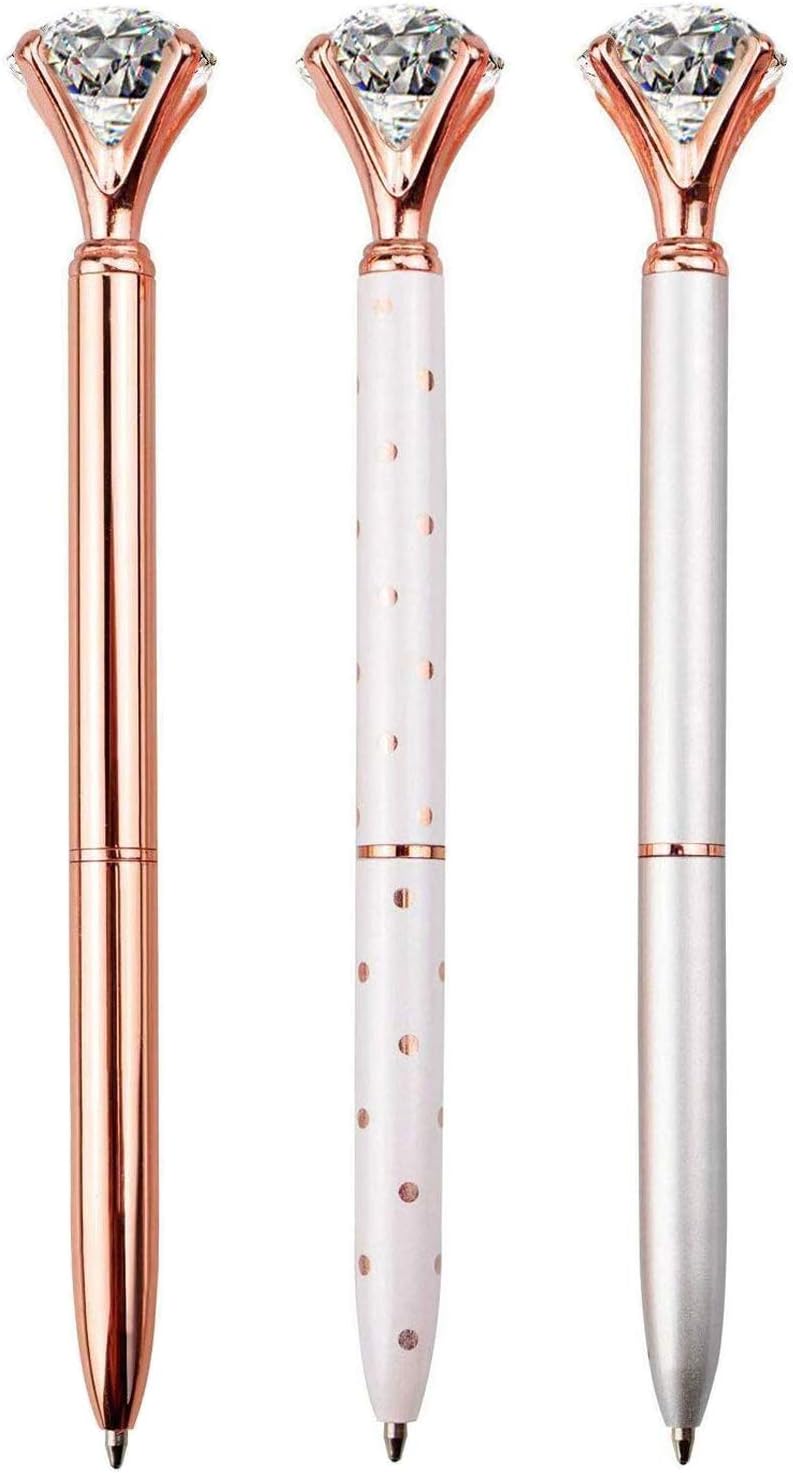 LONGKEY 3 PCS Ballpoint Pens Large Crystal Diamond Pen Bling Metal Office and School, Silver/White Rose Polka Dot/Rose Gold, Includ 3 Pen Refills