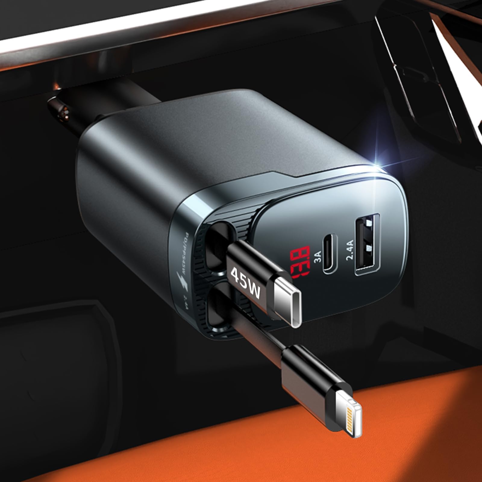 Retractable Car Charger 4 in 1 Car Charger USB C Fast Charge 84W Cigarette Lighter USB Charger Travel