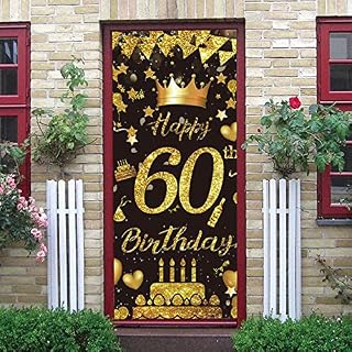 Adisno 60th Birthday Party Decorative Door Cover, Large Black & Gold Happy 60th Birthday Door Banner Sign, Photo Booth Backdrop Background Banner for 60 Birthday Party Favor & Supplies
