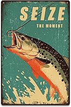 SUPERDANT Vintage Fishing Metal Sign with Fish and Bait "Seize The Moment" Funny Wall Decoration for Man Cellar Living Room Bar Gift Home Decor