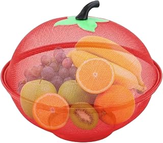Metal Fruit Bowl with Lid, 28cm Wire Mesh Basket with Raised Bottom for Freshness, Breathable Fruit Organizer for Kitchen & Worktop Storage(Red)
