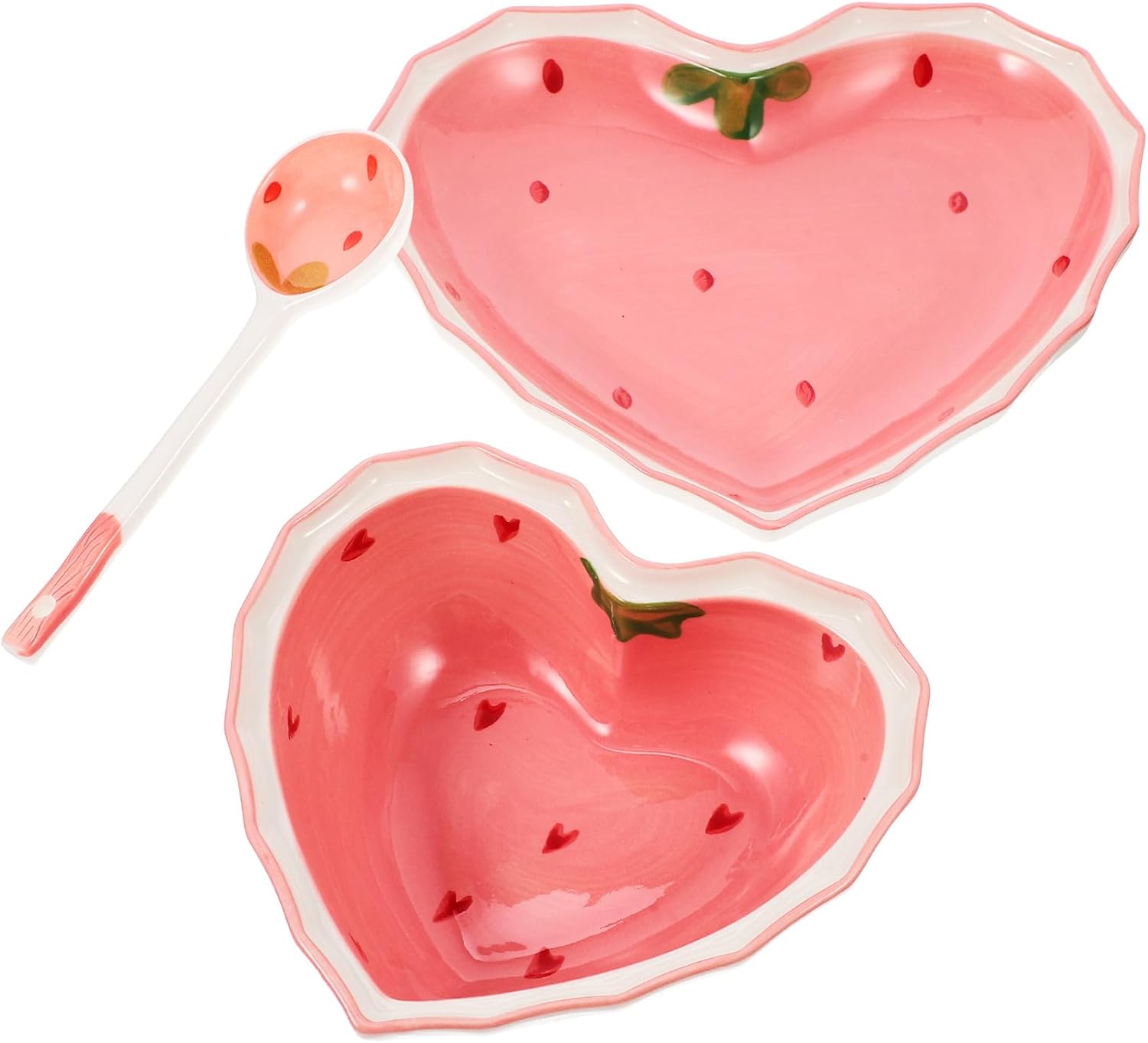 Strawberry Heart-shaped Ceramic Salad Bowl and Plate Set with Wear-resistant Food Spoon, Reusable Decorative Tableware for Household Dining and Serving, 3pcs Set