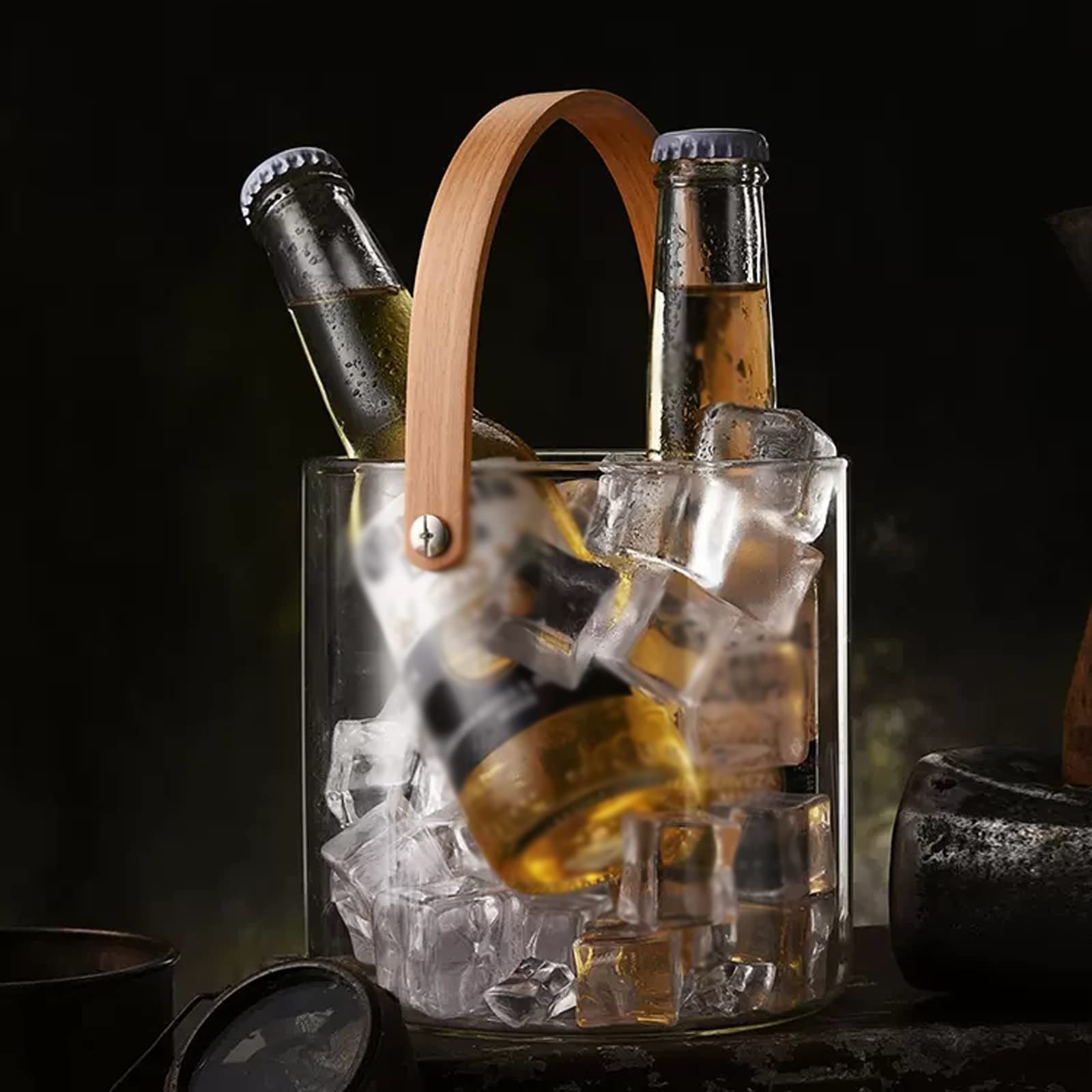 Flaschenkühler Transparenter Glas-Eiskübel, Kleiner Eiswürfelbehälter, Champagner-Bier-Weinkühler mit Bambusgriff for Gefrierschrank-Cocktail-Bar-Party Eiskühler