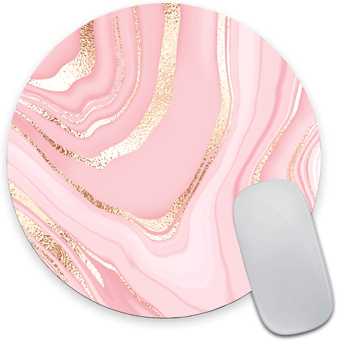 Mouse Pad, Round Marble Mouse Mat, Cute Mouse Pad with Design, Non-Slip Rubber Base Mousepad, Waterproof Women Office Mouse Pads, Small Size 7.9 x 7.9 Inch, Pink Gold Marble