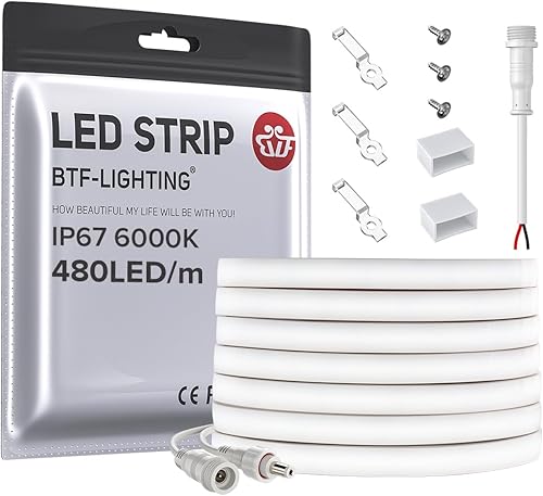 BTF-LIGHTING FCOB COB - Tira de luz LED de neón flexible de alta densidad IP67, impermeable, 16.4 pies, DC24V, luz diurna blanca, 6000 K, 480 LEDm,