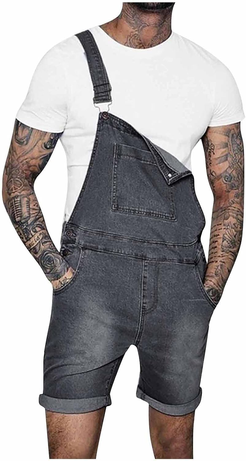 WENKOMG1 Men's Jean Denim Shorts Bib Overall Jeans Romper Casual Summer Jumpersuit, M-3XL