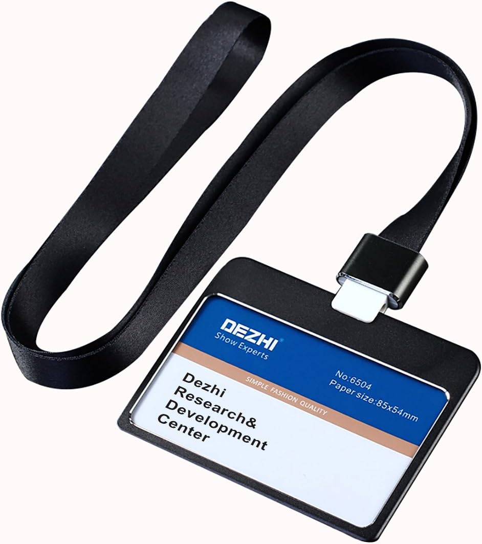 Fashion Horizontal Business Credit Card Badge Holder Metal ID Card Holders with Colorful Lanyard(Black)