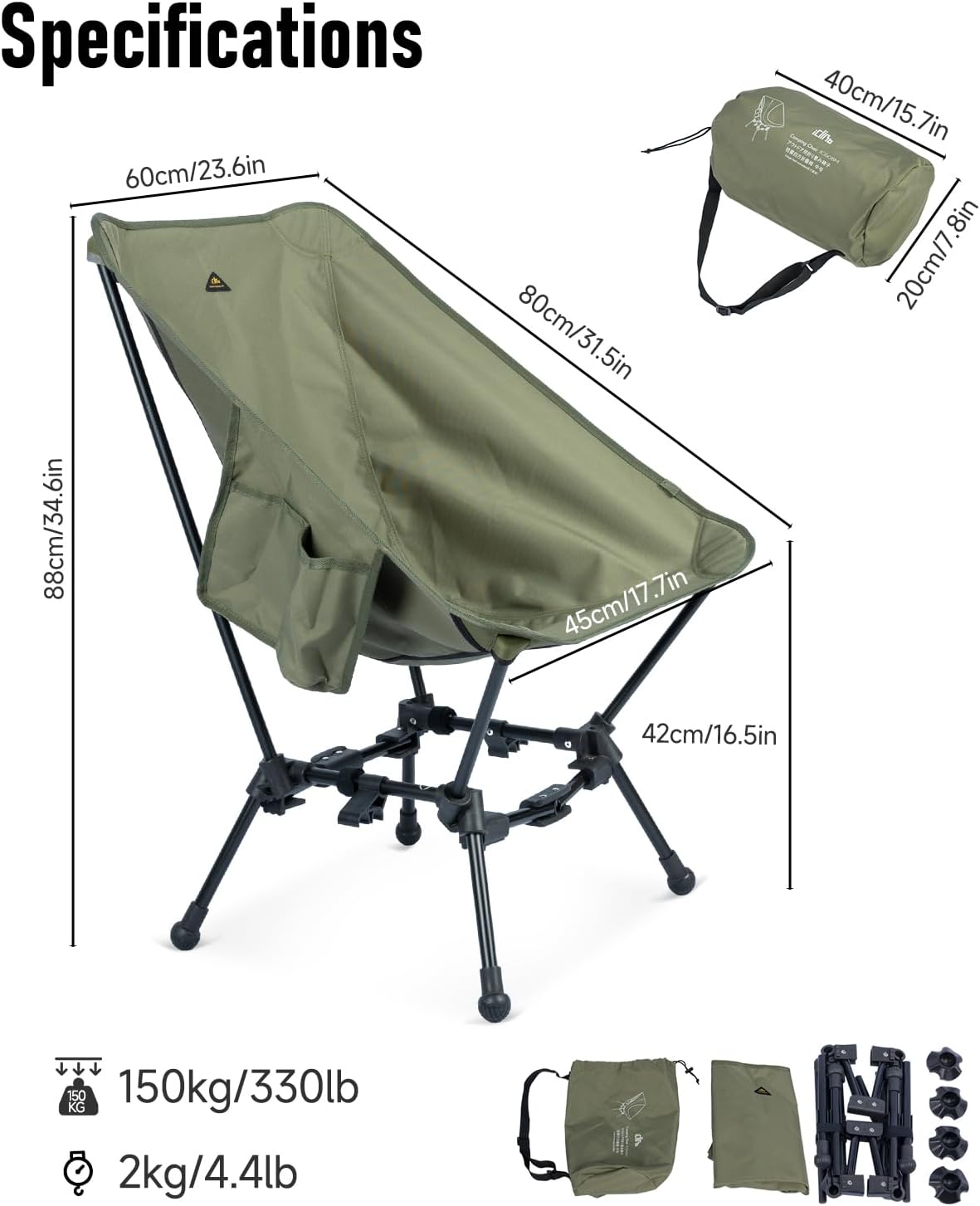iClimb Two-Heights Light Compact Comfortable Camping Folding Beach Chair with Anti-Sinking Large Feet and Carry Bag
