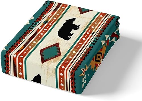 Miniatura 5 de Manfei Juego de funda de edredón de oso rústico, tamaño individual, funda de edredón tribal étnica verde azulado con 1 funda de almohada, juego de