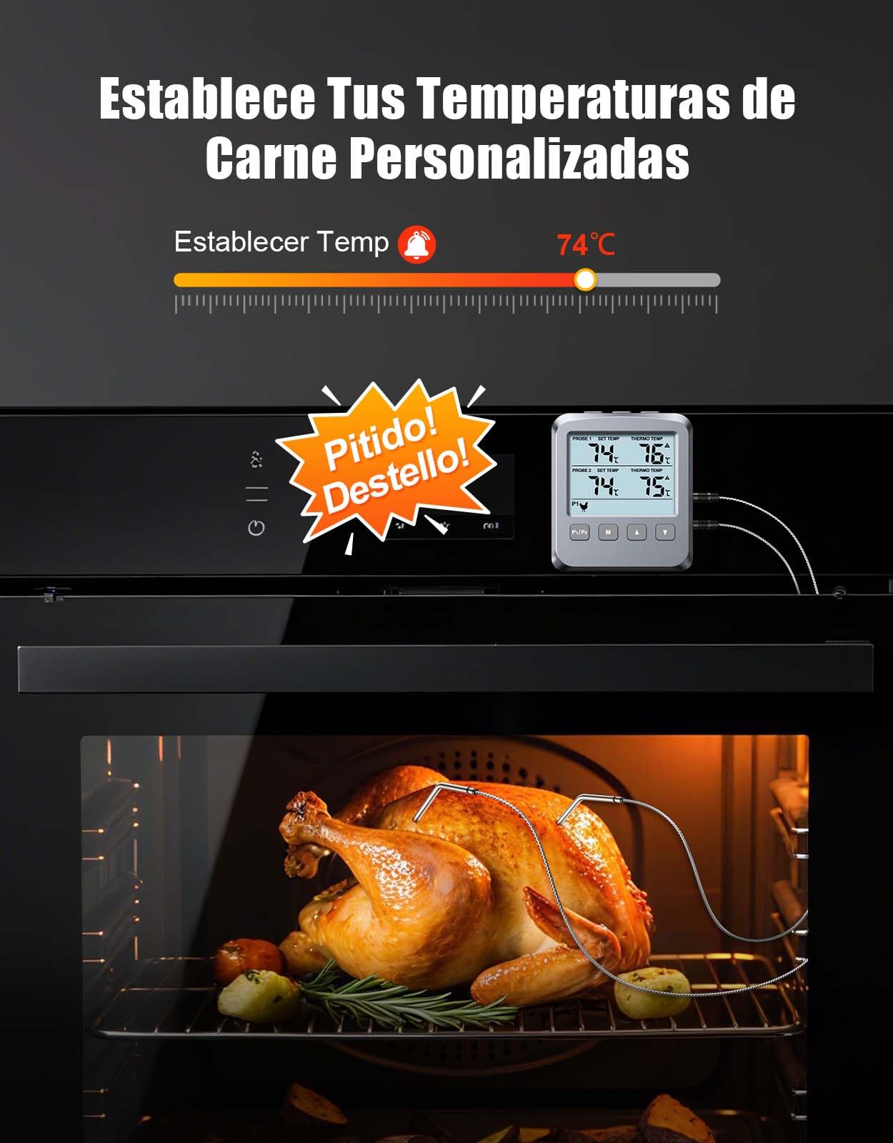 CIRYCASE Termómetro Cocina con 102cm Doble Sonda, Termometro Horno Digital para Cuisine, Comida, Barbacoa, Liquidos y Aceite, Doméstico Termómetro Carne con Gran Pantalla LCD & Alarma - ℃/℉ Conmutable
