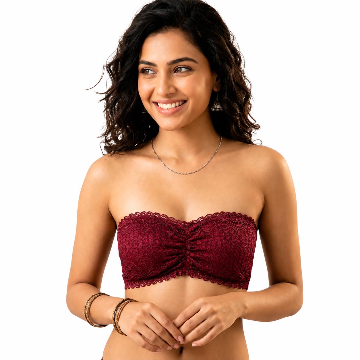 Women's Lace Bandeau Strapless Crop Tube Bra with Matching Panty-picture-54