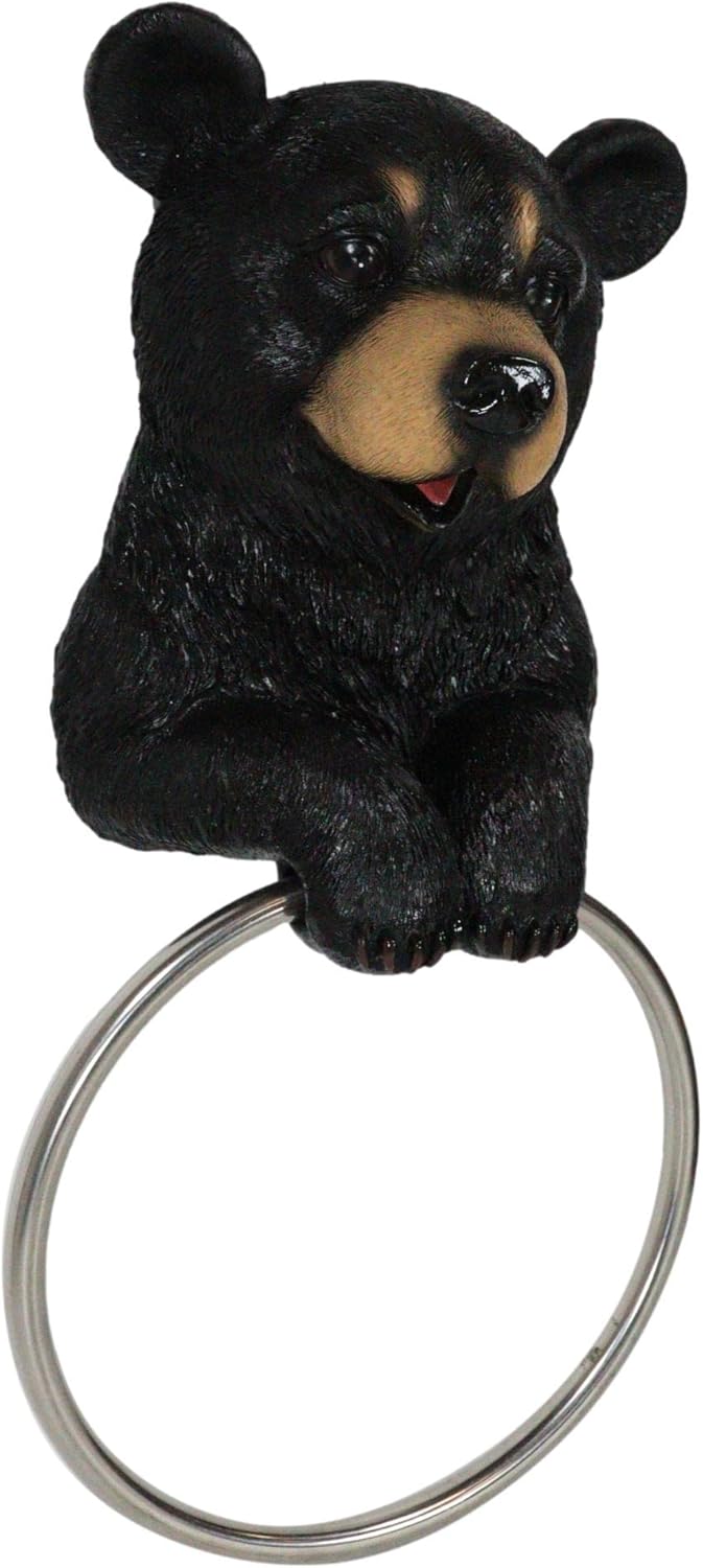 Ebros Gift Rustic Forest Whimsical Black Bear Holding Hand Towel Holder Ring Wall Hanging Powder Room Bathroom Accessory Cabin Hunting Mountain Lodge Country Powder Room Sculpture