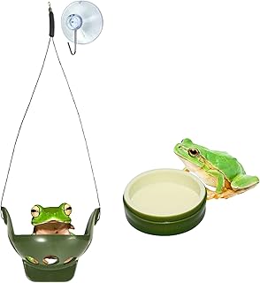 Frog Hide Out and Water Dish Bowl Set, Frog Terrarium Kit with Suction Cup and Food Dish, Tree Frogs Terrarium Accessories, Aquarium Decor, Reptile Tank Supplies for Bullfrog (Green, S)