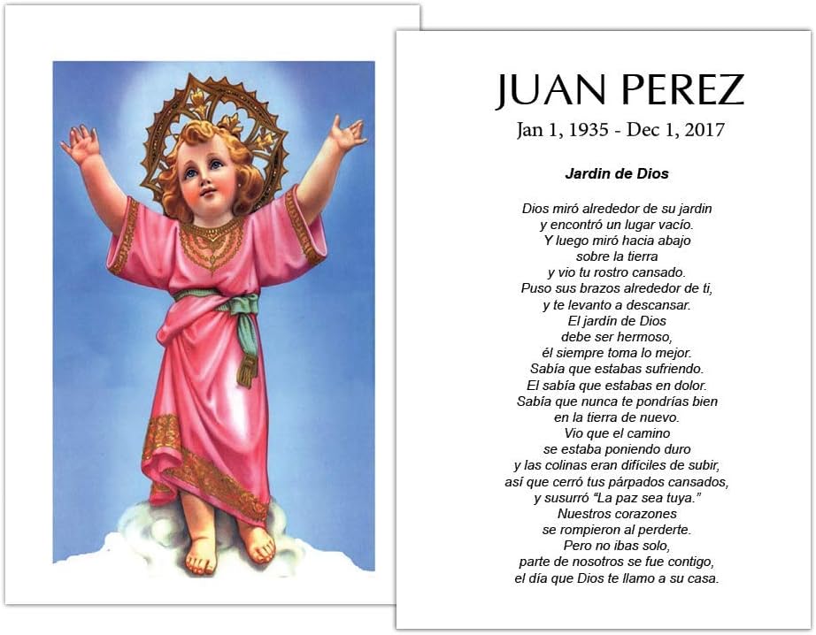 Targetas Funerales De Recordatorio (50 Cards) FPC1012ES Nino Jesus (Impreso personalizado - Seleccione oración deseada)