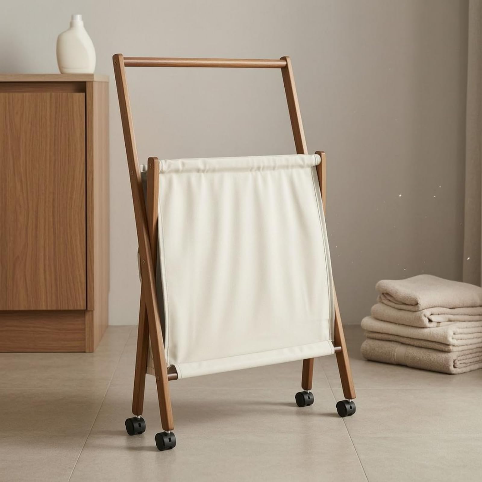Cesto Portabiancheria Pieghevole Carrello Biancheria Cesto Bucato Contenitore Lavanderia Organizer con Struttura in Bambù Finiture in Similpelle Sacco