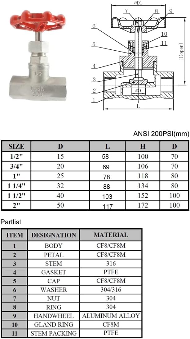 Aurorad Gate Valve and Stainless Steel Globe Valve 1/2" 3/4" 1" 1.25 Female Thread Straight Through Gate Valve (Color : DN25, Size : Gate Valve)