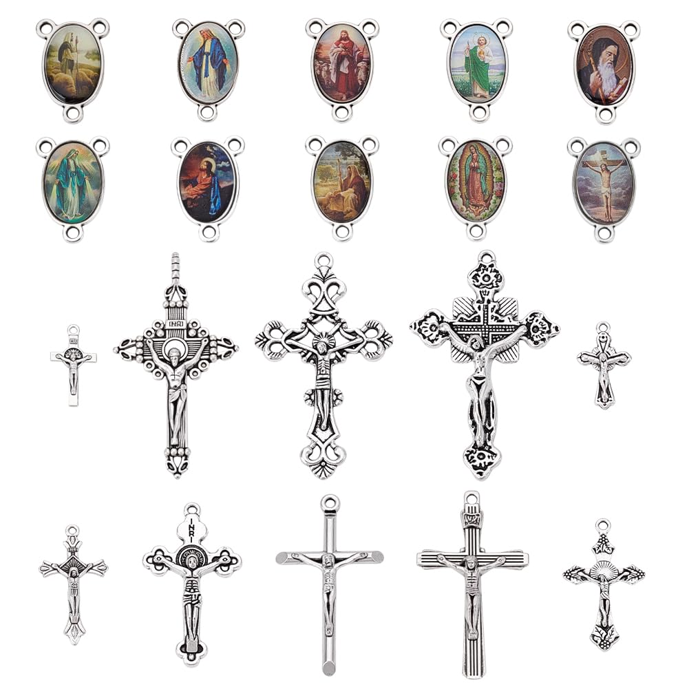 PH PandaHall 20pcs Rosary Cross Charms, Easter Rosary Cross and Center Miraculous Medal with Alloy Crucifix Cross Pendants and Oval Picture Links for Rosary Jewellery Making Easter Party Favor