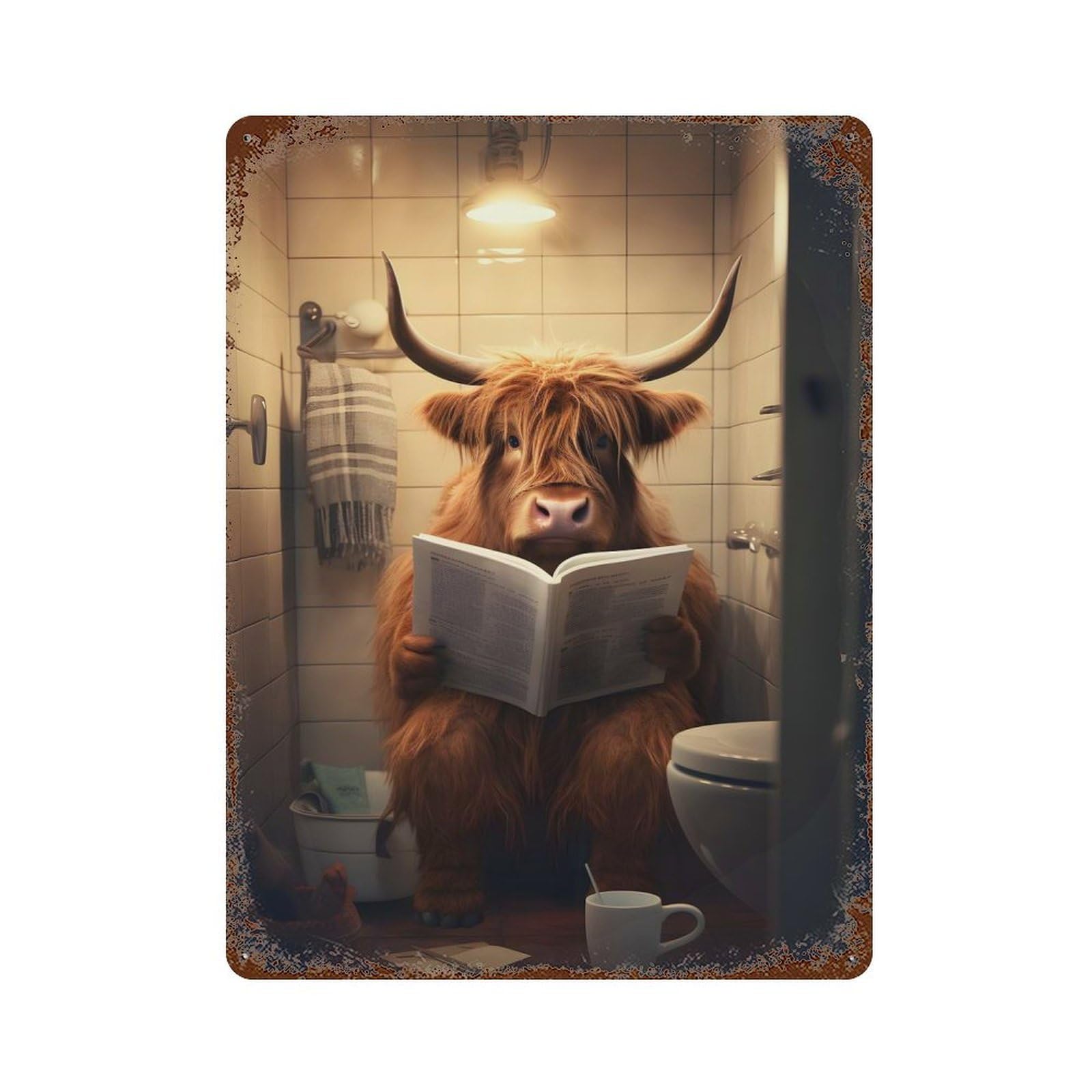 Vintage Rust Metal Sign Highland Cow on The Toilet 15.7"x11.8", Decorative Metal Wall Art for Basement, Hobby Room And Garage Decor