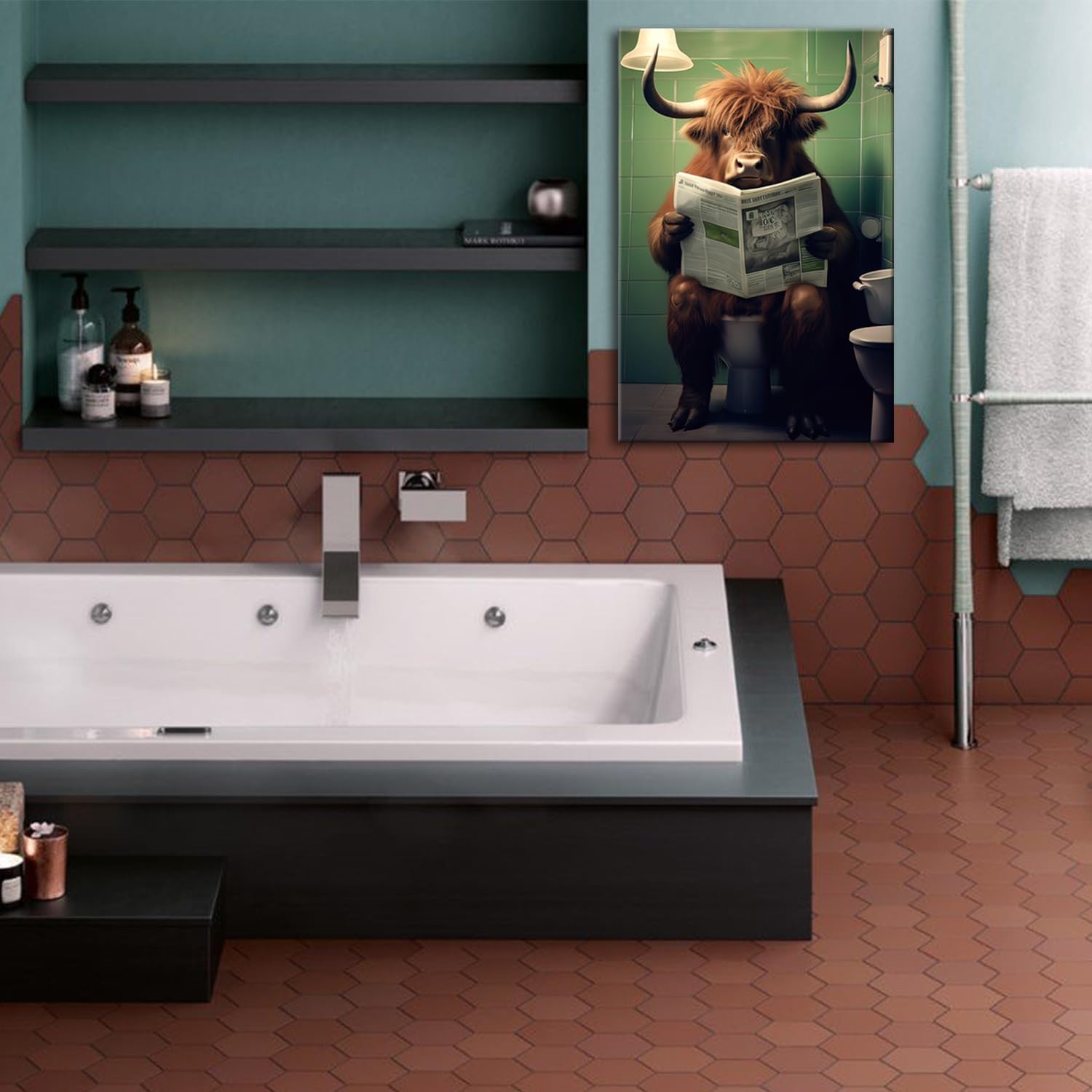 GLOKAKA Funny Highland Cow Wall Art Canvas in Bathroom Picture Farmhouse Styles Humor Animal Reading Newspaper Artwork Prints for Bathroom,Toliet,Kids Room Decor (Cow 01, 12"x18")