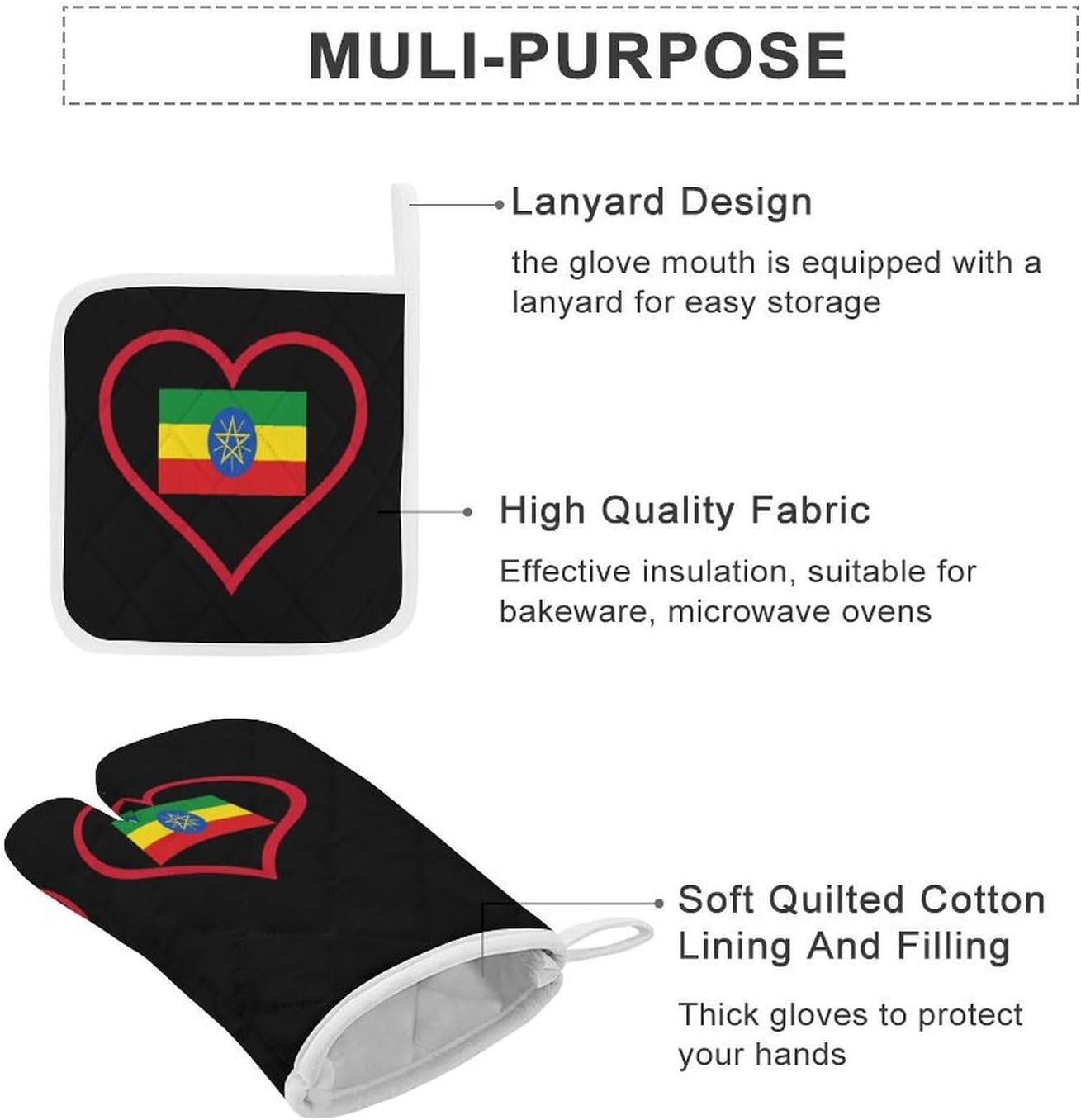 I Love Ethiopia Red Heart Oven Mitts and Pot Holders 4Pcs Set Heat Resistant Cooking Mitts Hot Pads