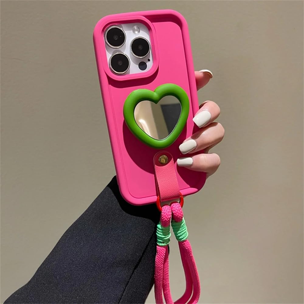 Love Mirror Stand przenośny pasek na rękę zapobiegający zgubieniu prosty futerał na telefon do iPhone'a 15 14 13 12 11 Pro Max 7 8 Plus etui odporne na wstrząsy, czerwony, do iPhone'a 7 8 Plus