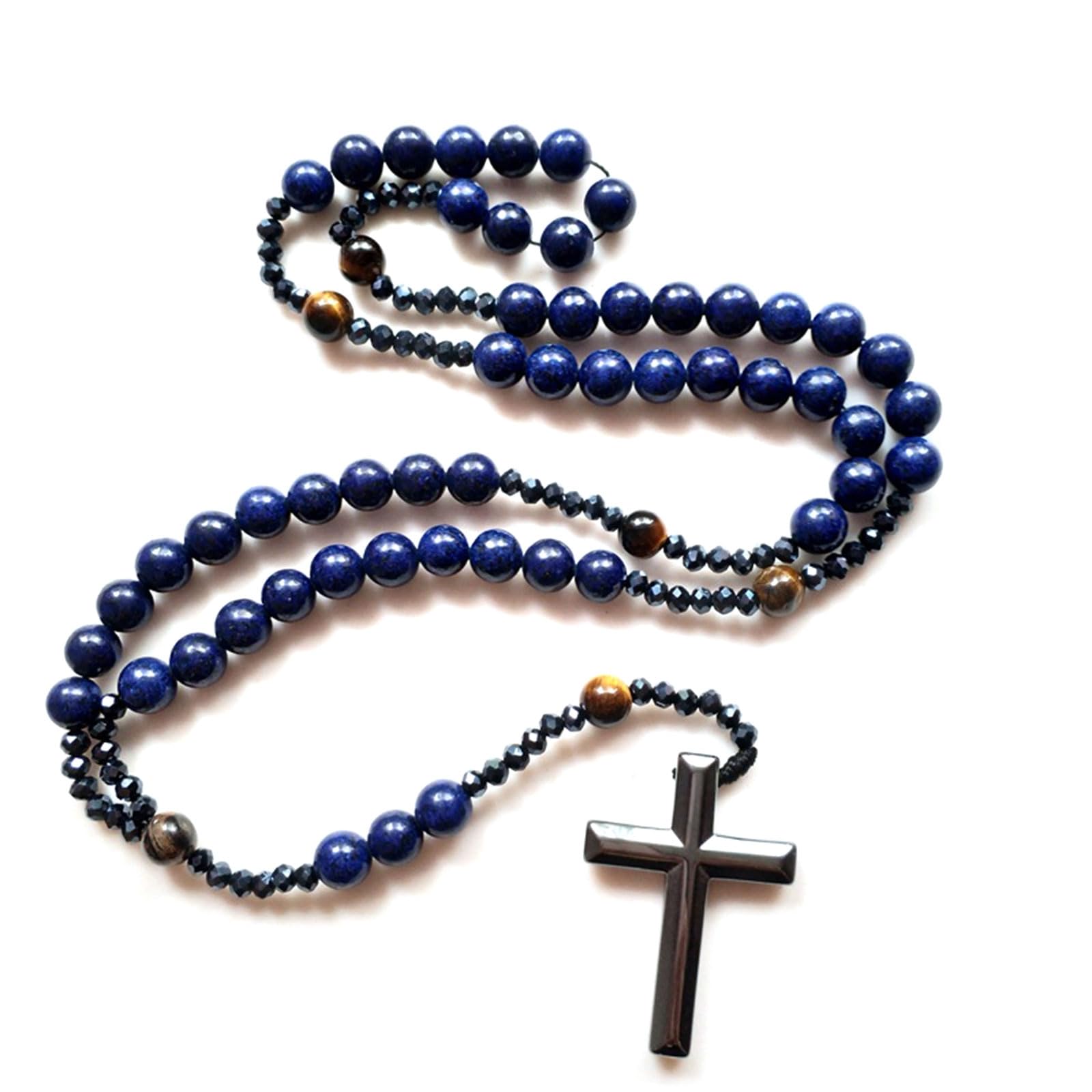 GMBYLBY Blue Stone Rosary Necklace With For Men Nightclubs Fine Craftsmanship Rosary Prayer Religious Necklace