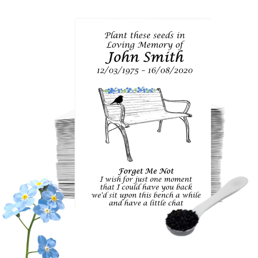 25 Funeral Forget Me Not Seed Packets – Personalised Remembrance Favour • Memorial Condolence Gifts for Guests • Celebration of Life Keepsake (Bench Design)