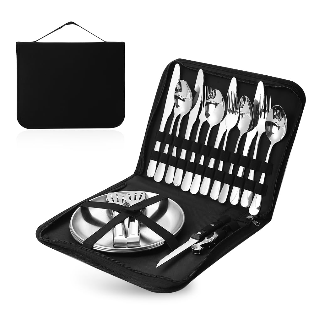 Camping Geschirr 2/4 Personen, 11/21PCS Camping Zubehör Camping Besteck Set Edelstahl Picknick Zubehör mit Flaschenöffner, Steakmesser, Löffel Gabel Messer Teller für Camping/Grillen/Wandern