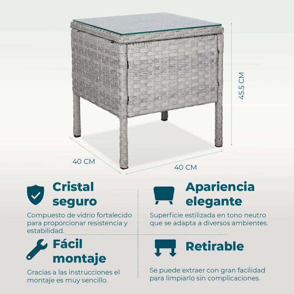 YOEVU - Set de Jardín de Ratán 3 Piezas | 2 Sillas con Cojines y Mesa de Cristal | Resistente al Agua y Sol | Estructura en Aluminio | Ideal para Terraza y Balcón, Ratán