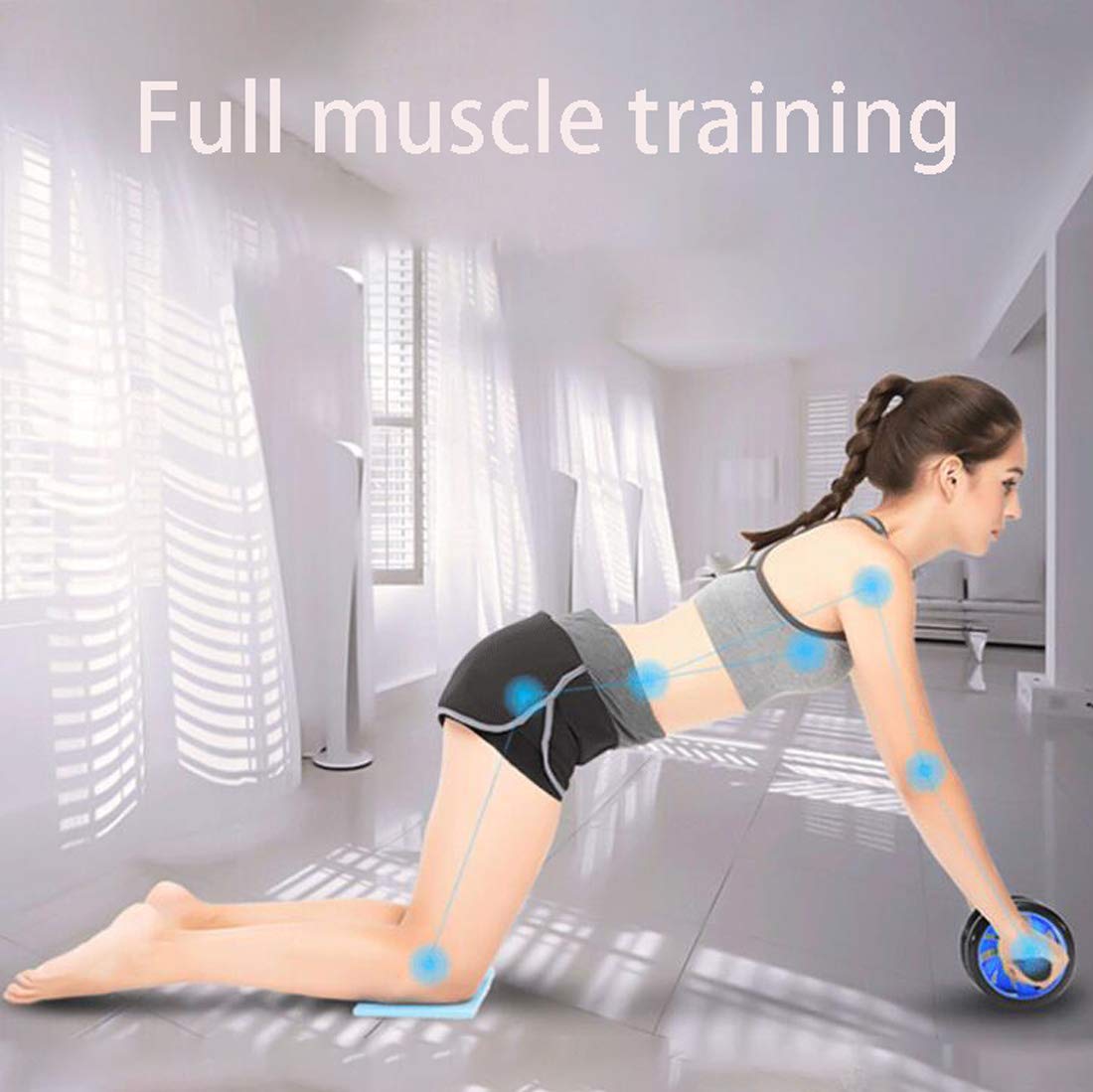 Rodillo de Ab de ruedas, abdominal Máquinas de ejercicios, gimnasio en casa Core entrenamiento, Abs rodillo de la rueda con la rodilla alfombra de entrenamiento de fitness Aparatos,Azul,46cm