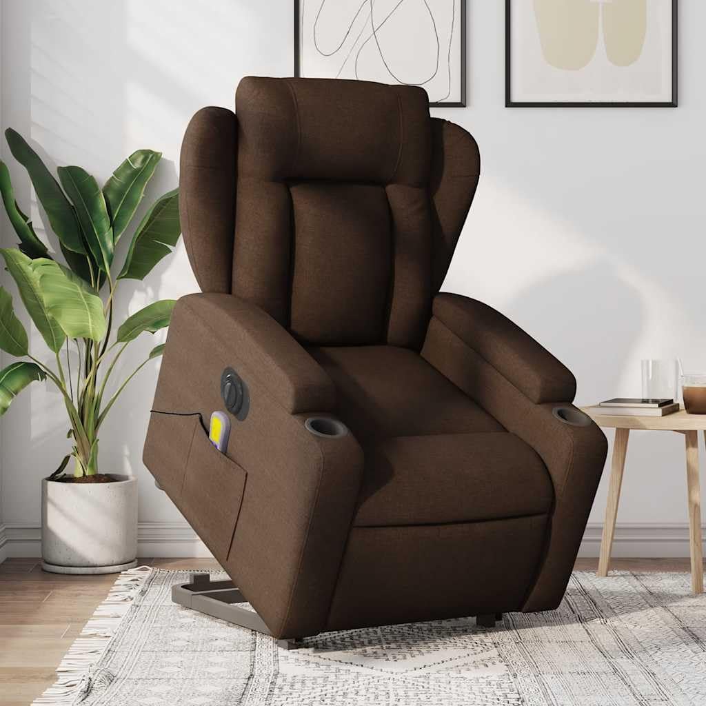 Sillón elevador eléctrico reclinable marrón tejido con 6 puntos de vibración y función de elevación automático, cómodo y estable para relajación y bienestar