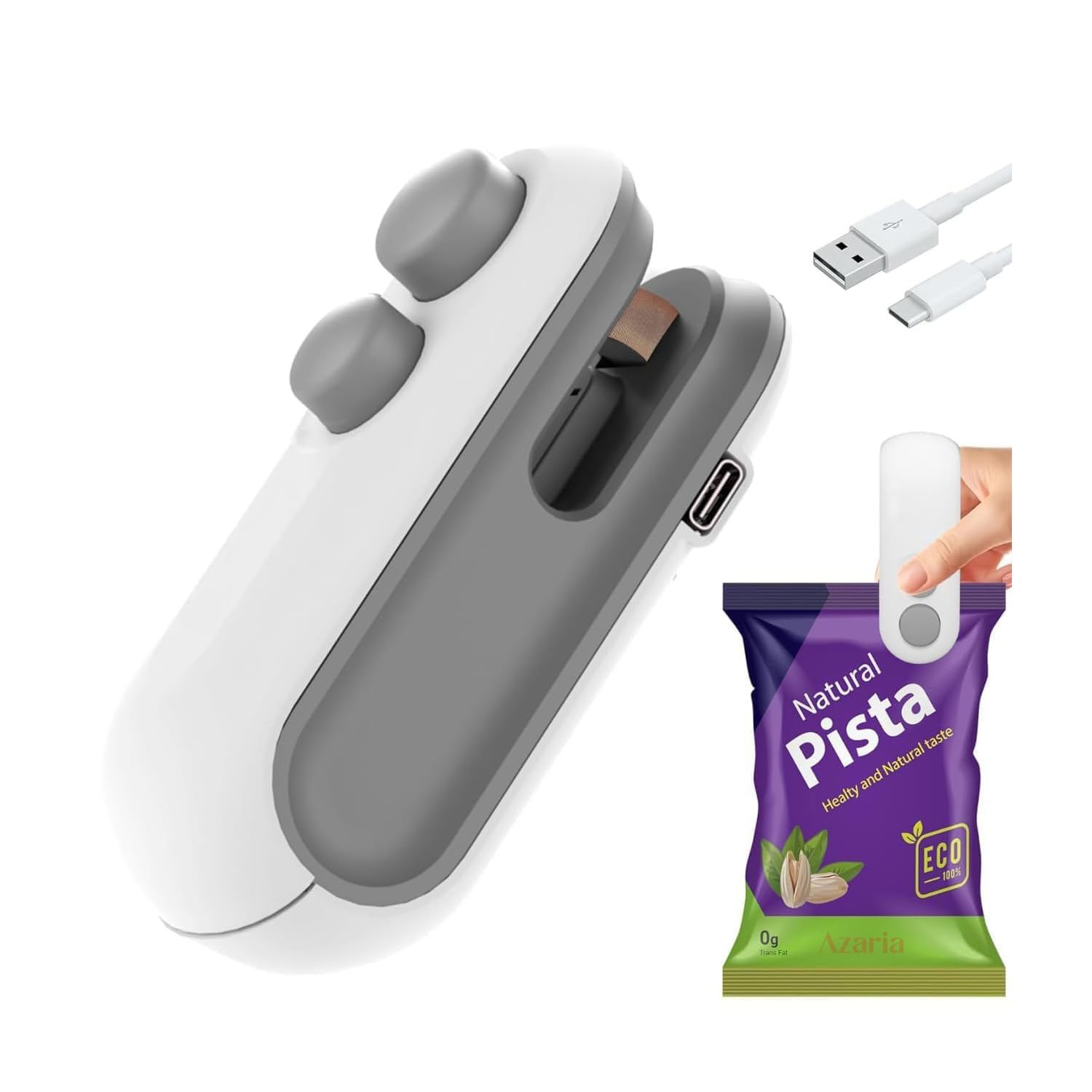 mini bag sealer closeup with USB charging and sealing surface