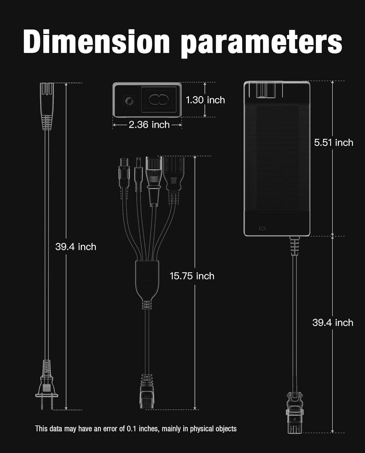 Diagram showing the physical dimensions of the STIO charger unit and its cables in inches