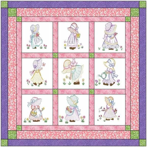Material Maven Quilt Kit Sunbonnet Babies/Pre Cut Ready to Sew/Finished Embroidery