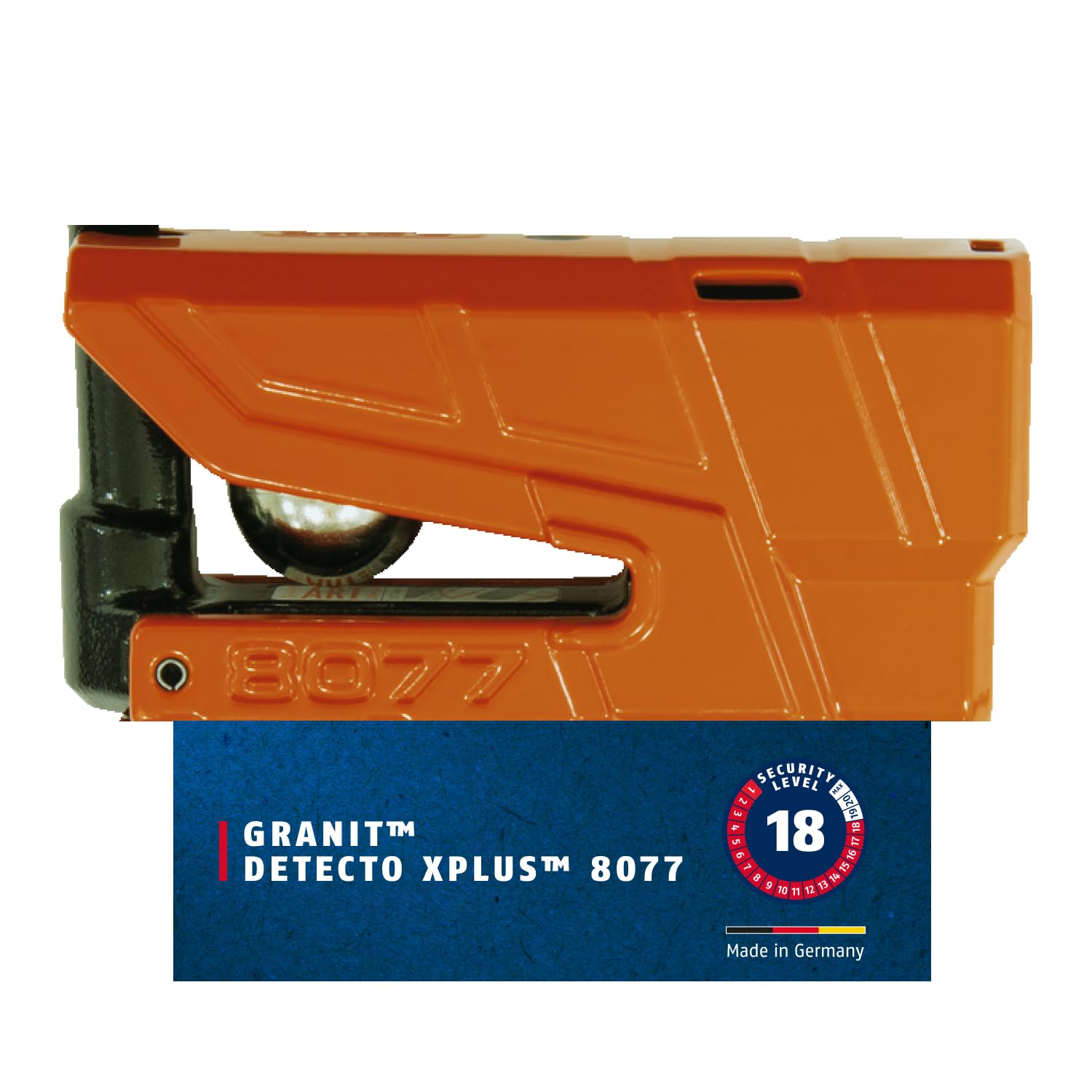 ABUS Bremsscheibenschloss Granit Detecto XPlus 8077 - Motorradschloss mit Alarm, Leuchtschlüssel und XPlus Zylinder - ABUS-Sicherheitslevel 18 - Orange