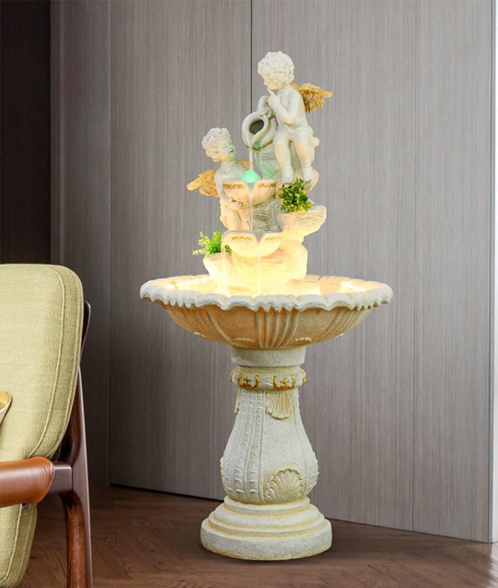 Cherub Pedestal Fountain with LED Lights – Classic Angel Garden Water Feature for Indoor/Outdoor Decor (2267 Small)(2209 Small)(2209 Large)