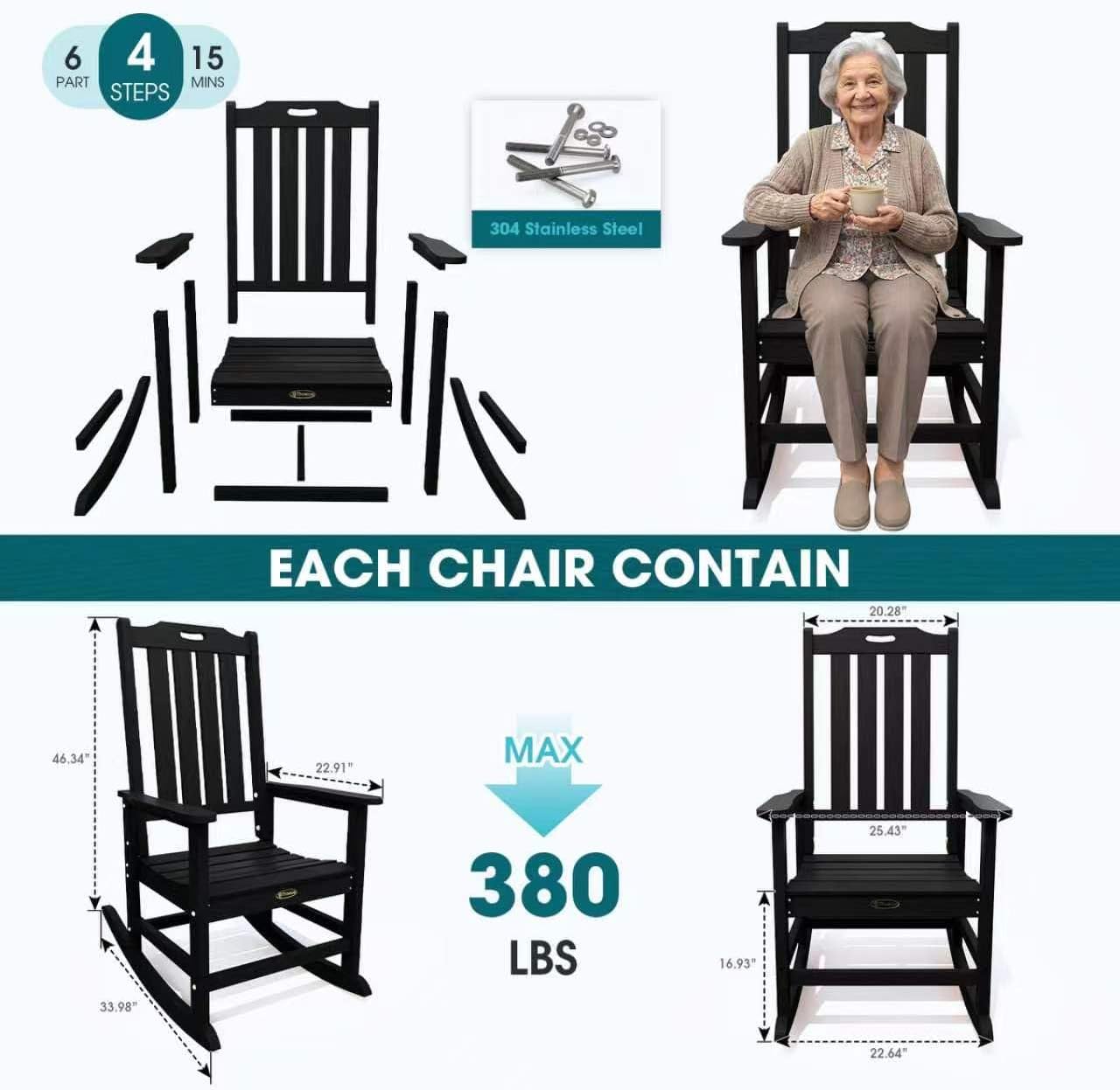 THOEOE Oversized Rocking Chair Set of 2, Outdoor Rocking Chair for Adults, All Weather Resistant Porch Rocker for Lawn Garden, Black