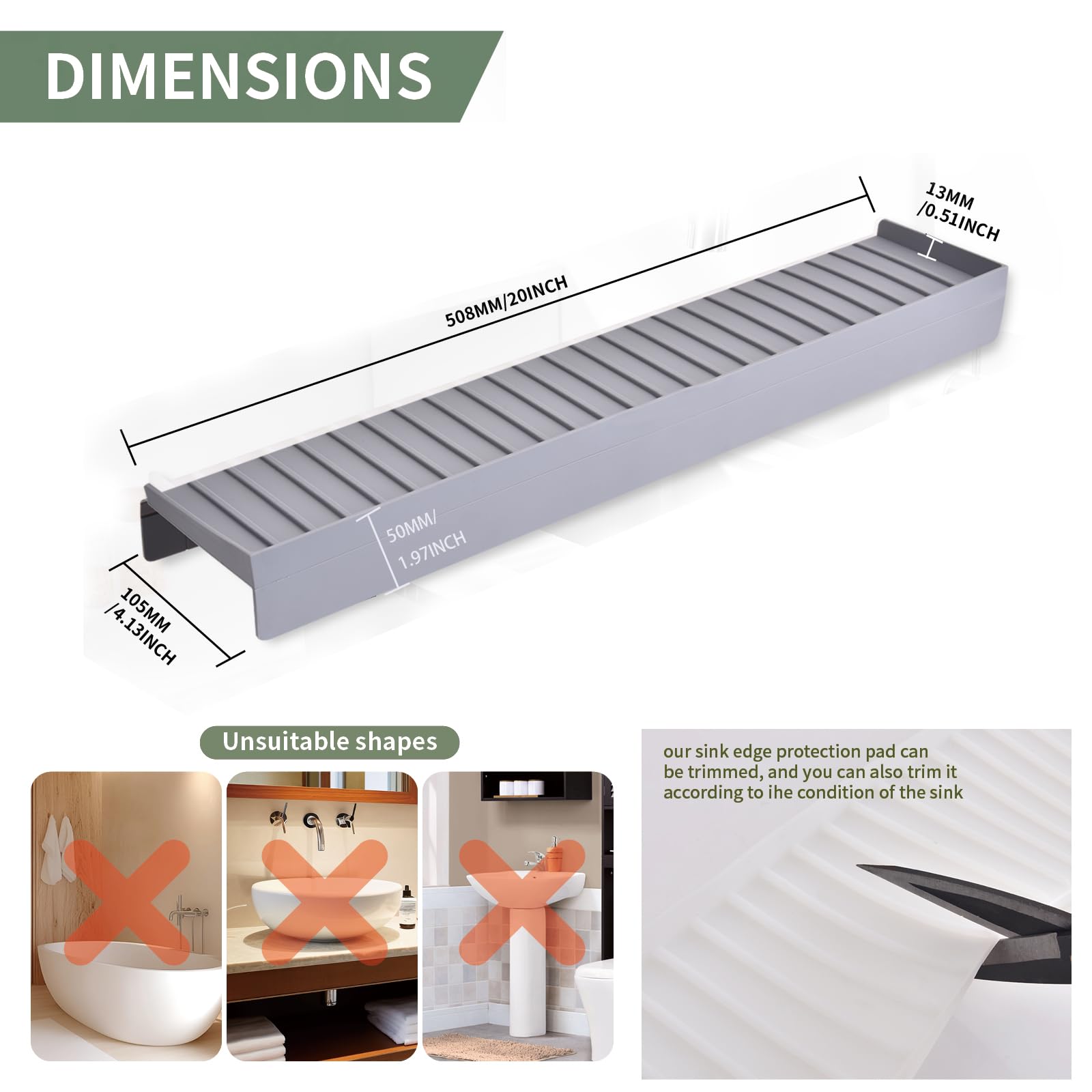 Protector De Borde De Fregadero De Silicona, 20" 51 cm, Cubierta Protectora Contra Salpicaduras Para Fregadero De Cocina Con Ventosa, Plegable, Protector De Encimera De Fregadero(Gris)