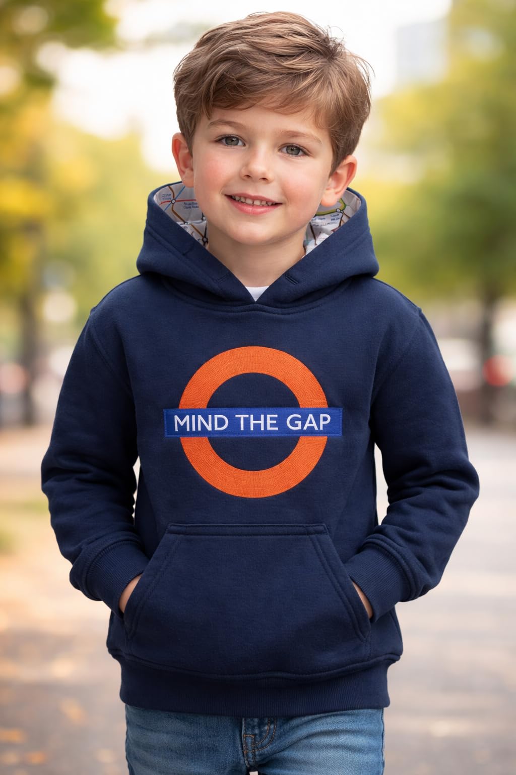 TFL™129K - Felpa con cappuccio da bambino, con scritta "Mind The Gap™", colore: blu navy