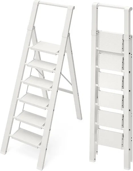 BEFITMACE 6 Step Ladder, Aluminum Folding Step Stool with Convenient Handgrip,Lightweight 330lbs Capacity Step Ladder for Household, Office, Kitchen(White)