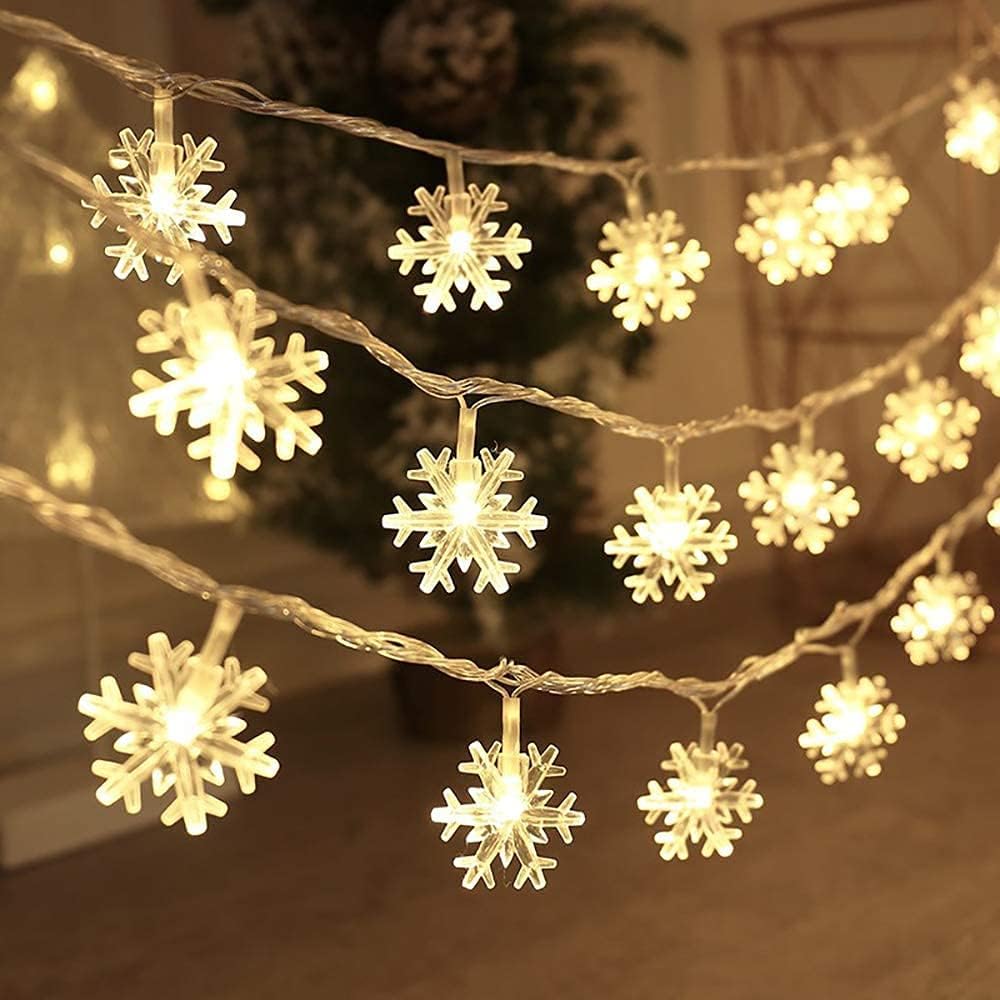 BIMOUR Christmas Lights, Snowflake String Lights 19.6 ft 40 LED Fairy Lights Battery Operated Waterproof for Xmas Garden Patio Bedroom Party Decor Indoor Outdoor Celebration Lighting, Warm White
