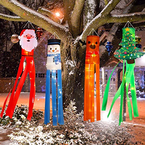 4 Pieces Christmas Windsock Flags with LED Light 39 Inch Snowman Santa Claus Christmas Tree Hanging Decorations Christmas Elk Winter Outdoor Windsocks for Yard Patio Lawn Party Decor (Vivid Style)