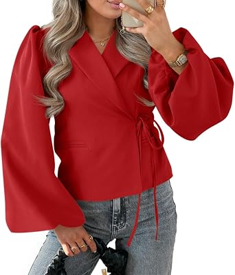 Cicy Bell Womens Puff Long Sleeve Blazers V Neck Wrap Cropped Trench Coat Work Office Dressy Casual Suit Jackets