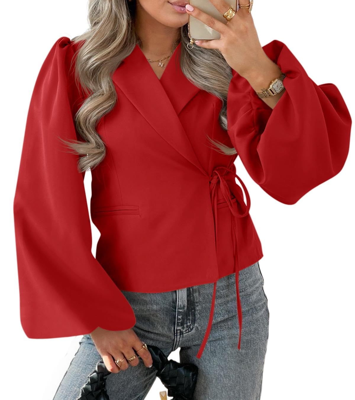 Cicy Bell Womens Puff Long Sleeve Blazers V Neck Wrap Cropped Trench Coat Work Office Dressy Casual Suit