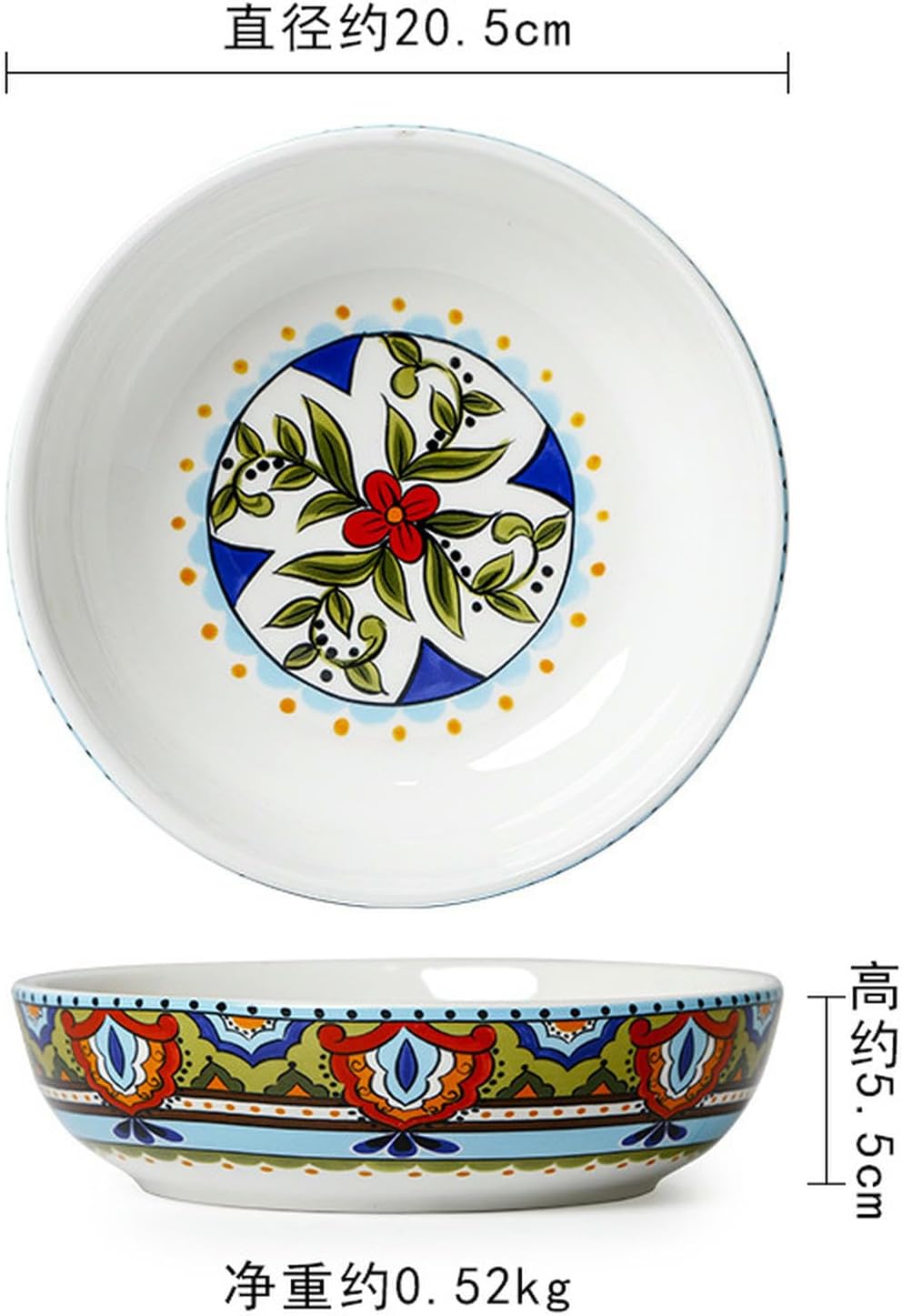 Vintage Rice Bowls ，Ceramic Tableware Rice BowlBohemian style household retro underglaze simple and delicate ceramic rice bowl(8-inch deep dish)