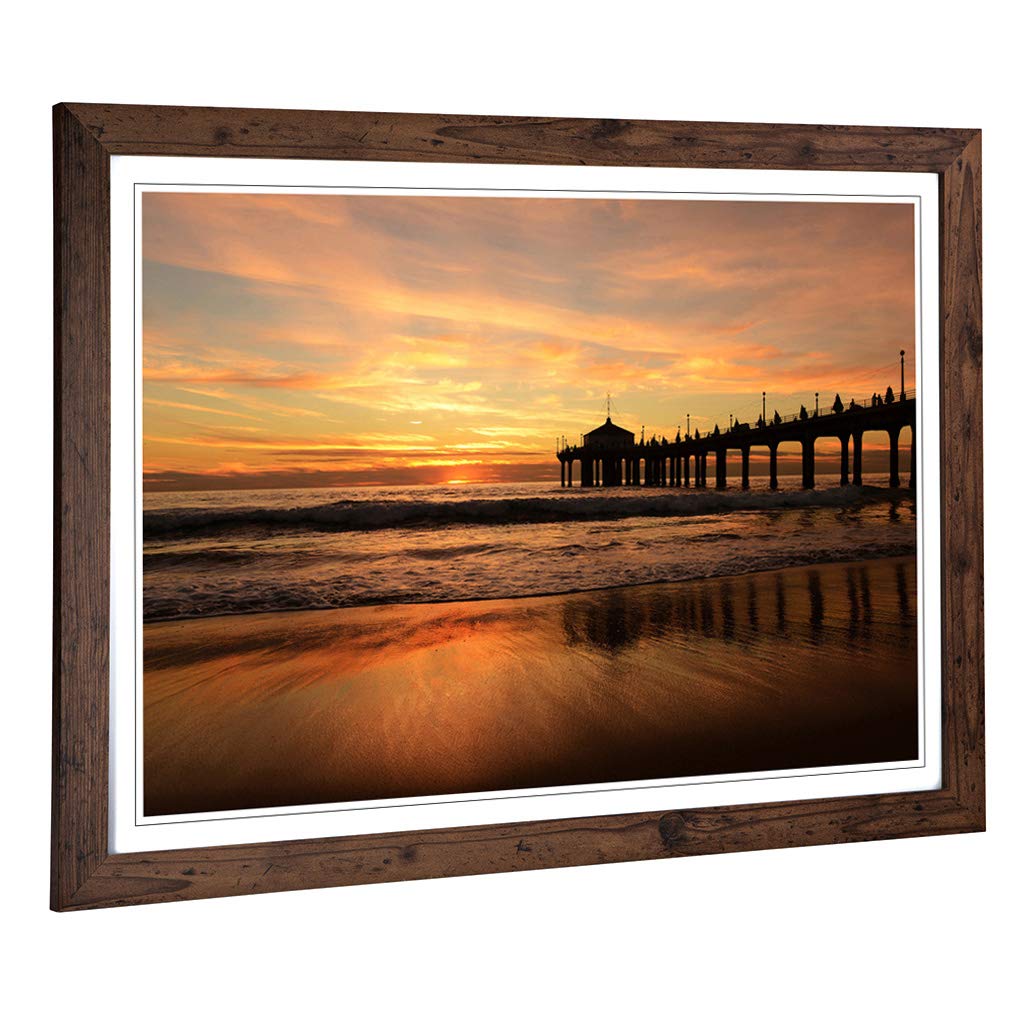 Big Box Art Framed Print of Seascape Sunset Pier Jetty Sea (3) Design | Wall Art Picture | Home Decor for Kitchen, Living Room, Bedroom, Hallway, Walnut, A2 / 24.5x18 Inch / 62x45cm