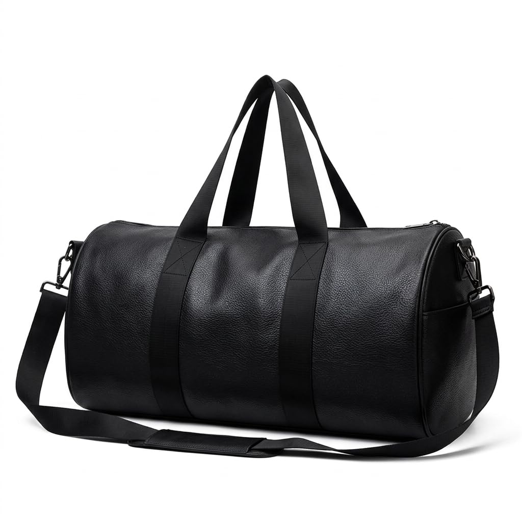 Waterproof Genuine Leatherette Gym Bag Duffel Bag for Men and Women, Heavy Duty Medium (Black)-image-28