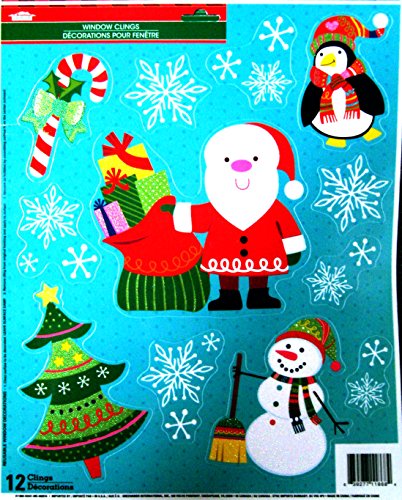 Christmas Decorative Window Clings Reusable Stickers (Sparkly Santa with Presents Penguin Snowman Candy Cane)