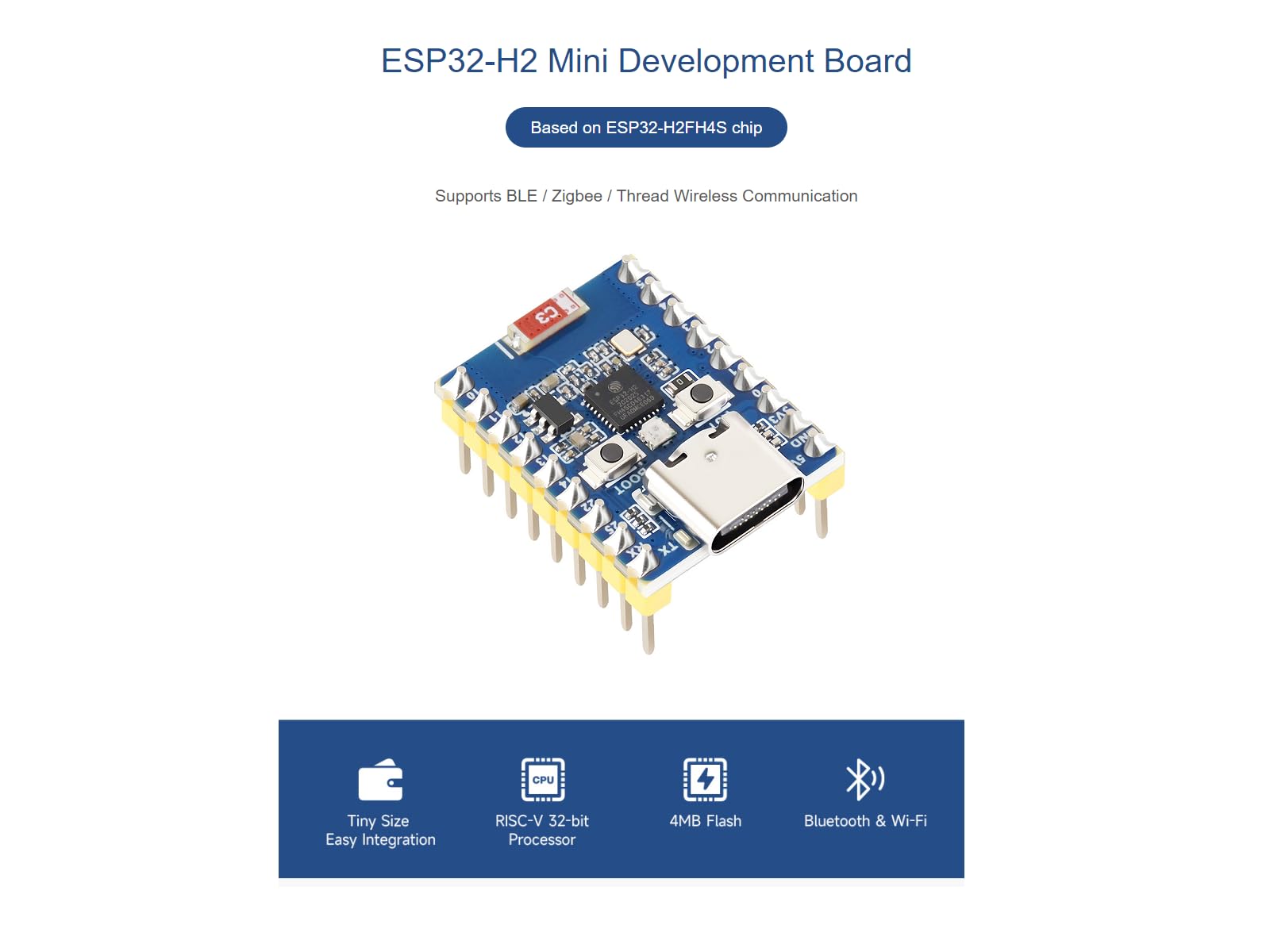 Waveshare ESP32-H2 Mini Development Board – Processore RISC-V 96MHz, 4MB Flash, Supporta BLE 5, Zigbee 3.0 E Thread, Con Connettore Type-C - 3
